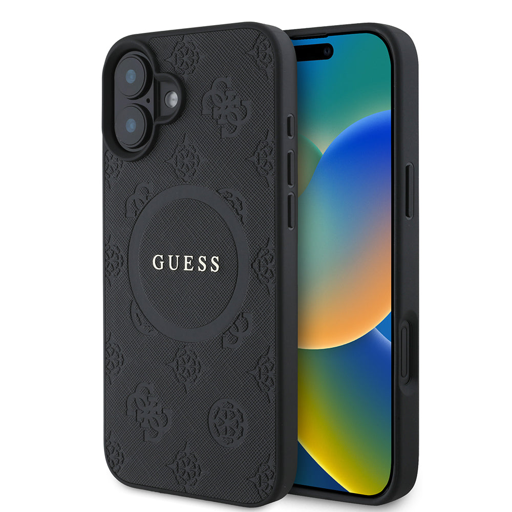 Coque MagSafe pour Apple iPhone 16, Guess, Saffiano Peony Classic Logo, Noire
