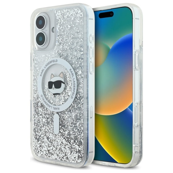 MagSafe Hülle für Apple iPhone 16, Karl Lagerfeld, Glitter Liquid Choupette Head, Transparent