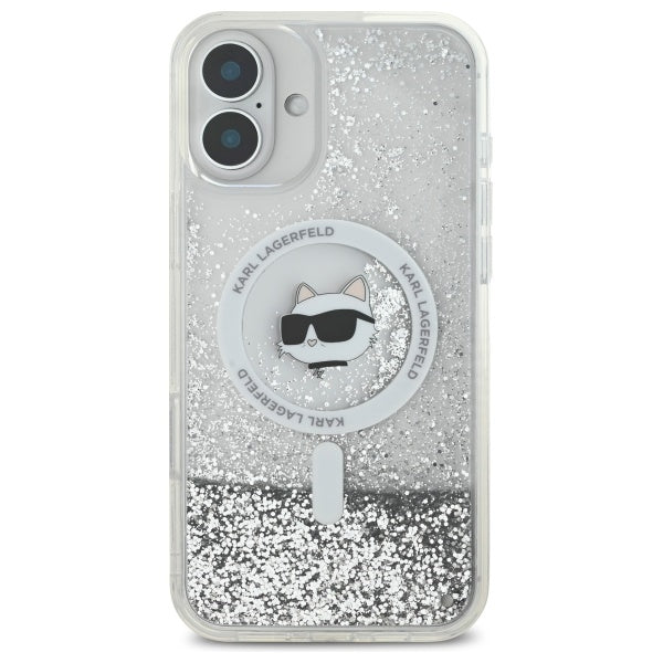 MagSafe Hülle für Apple iPhone 16, Karl Lagerfeld, Glitter Liquid Choupette Head, Transparent