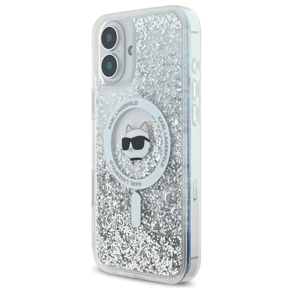 MagSafe Hülle für Apple iPhone 16, Karl Lagerfeld, Glitter Liquid Choupette Head, Transparent