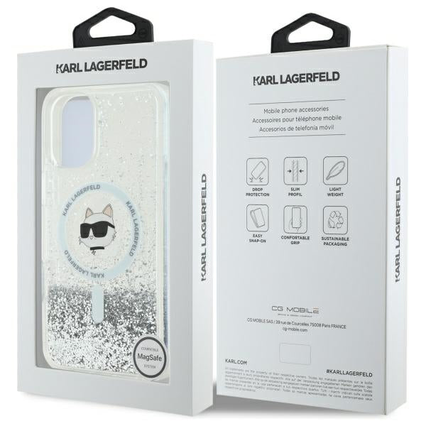 MagSafe Hülle für Apple iPhone 16, Karl Lagerfeld, Glitter Liquid Choupette Head, Transparent