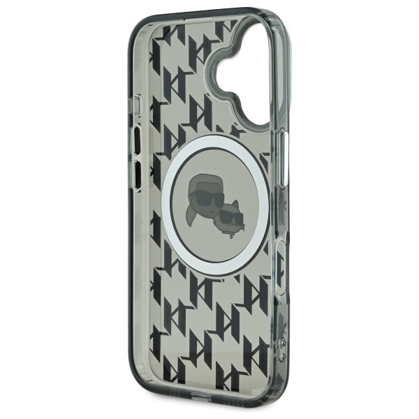 Étui MagSafe pour Apple iPhone 16, Karl Lagerfeld, IML Monogramme Karl & Têtes de Choupette, Noir