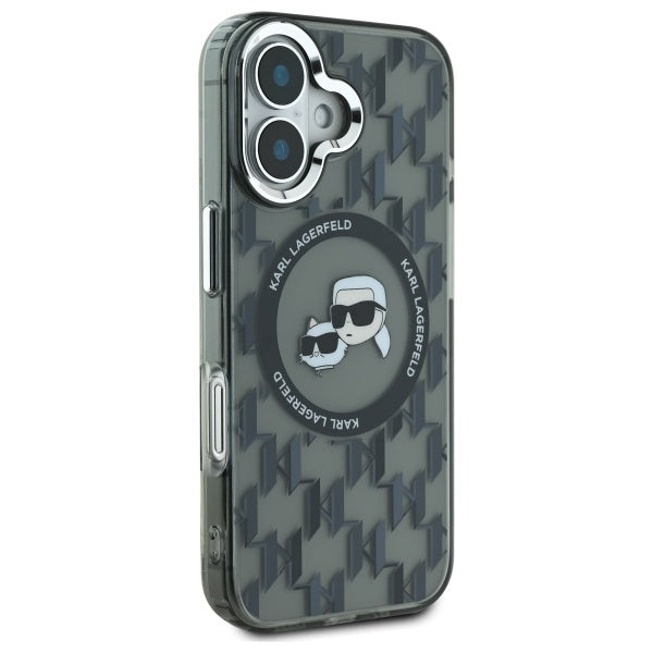 Étui MagSafe pour Apple iPhone 16, Karl Lagerfeld, IML Monogramme Karl & Têtes de Choupette, Noir