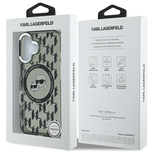 Étui MagSafe pour Apple iPhone 16, Karl Lagerfeld, IML Monogramme Karl & Têtes de Choupette, Noir