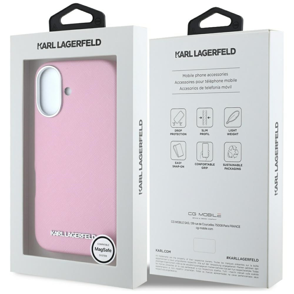 Étui MagSafe pour Apple iPhone 16, Karl Lagerfeld, Saffiano Full Wrapped Elongated Metal Logo, Rose