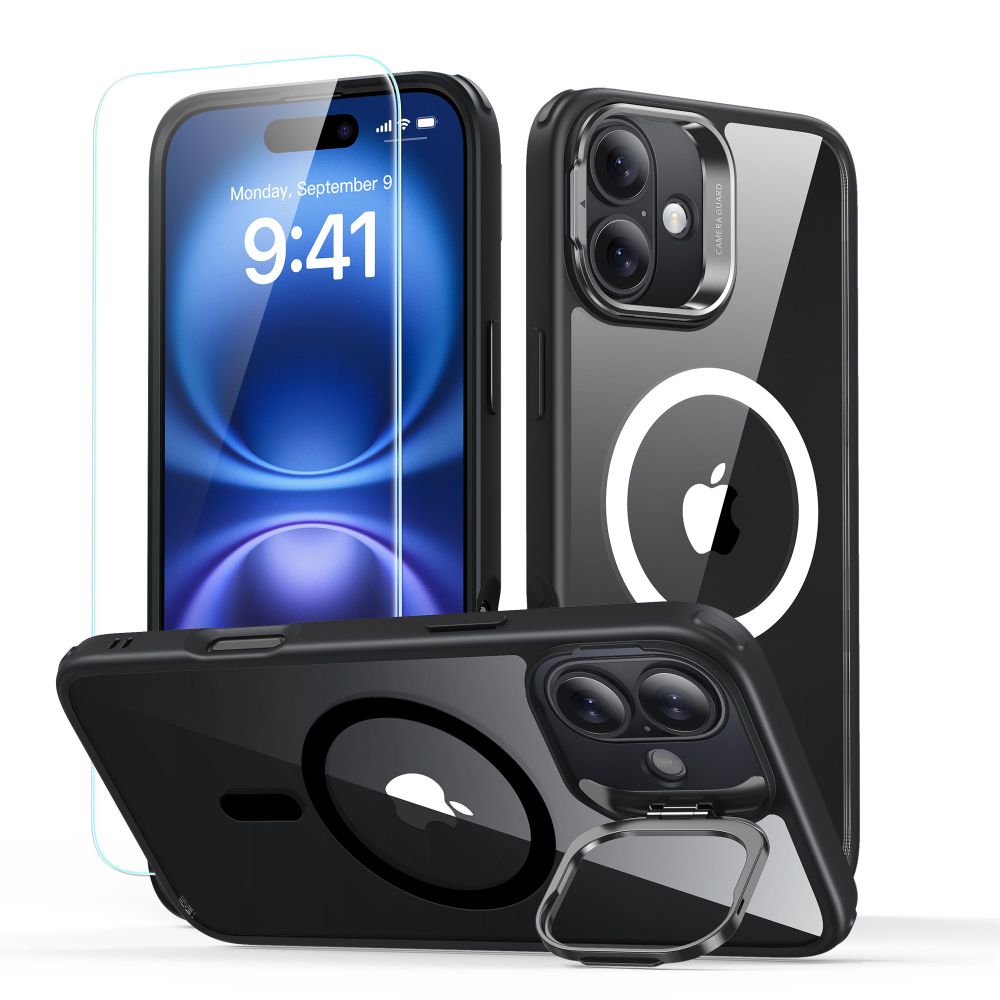 Coque MagSafe pour Apple iPhone 16 Plus, ESR, Classic Hybrid avec Support et Protecteur d'Écran, Noire Transparente