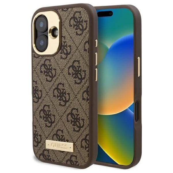 Custodia MagSafe per Apple iPhone 16 Plus, Guess, 4G Logo Plate, Marrone