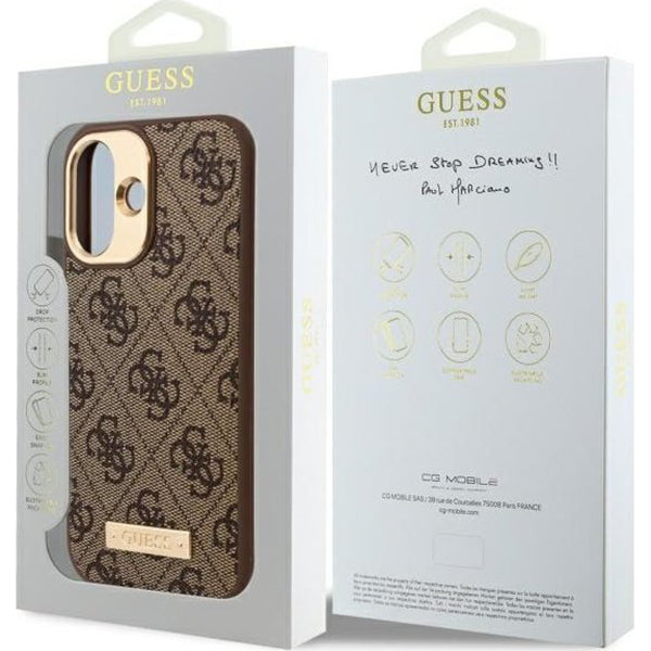 Custodia MagSafe per Apple iPhone 16 Plus, Guess, 4G Logo Plate, Marrone