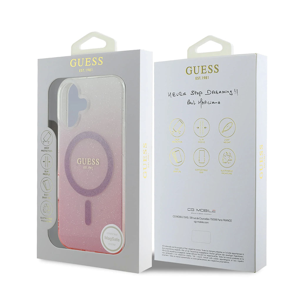 MagSafe Hülle für Apple iPhone 16 Plus, Guess, IML Glitter Gradient, Rosa