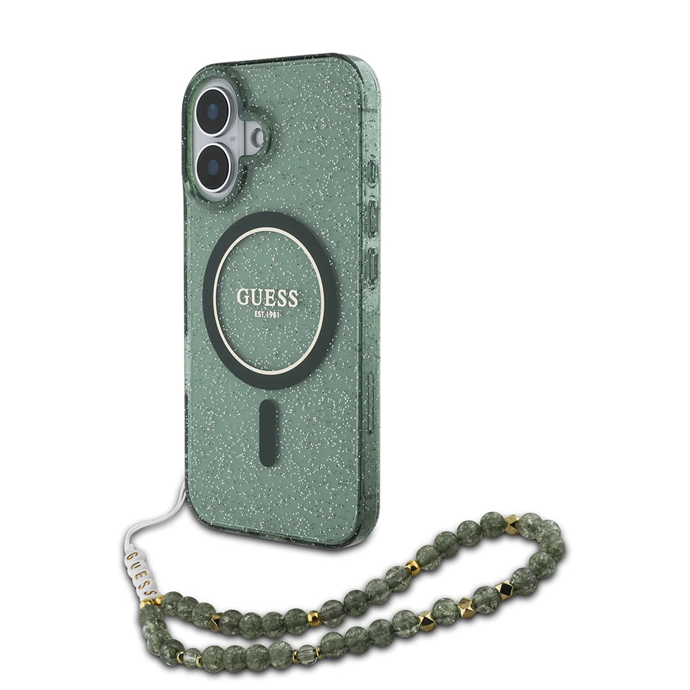 Coque MagSafe pour Apple iPhone 16 Plus, Guess, IML Glitter avec sangle perle, Vert