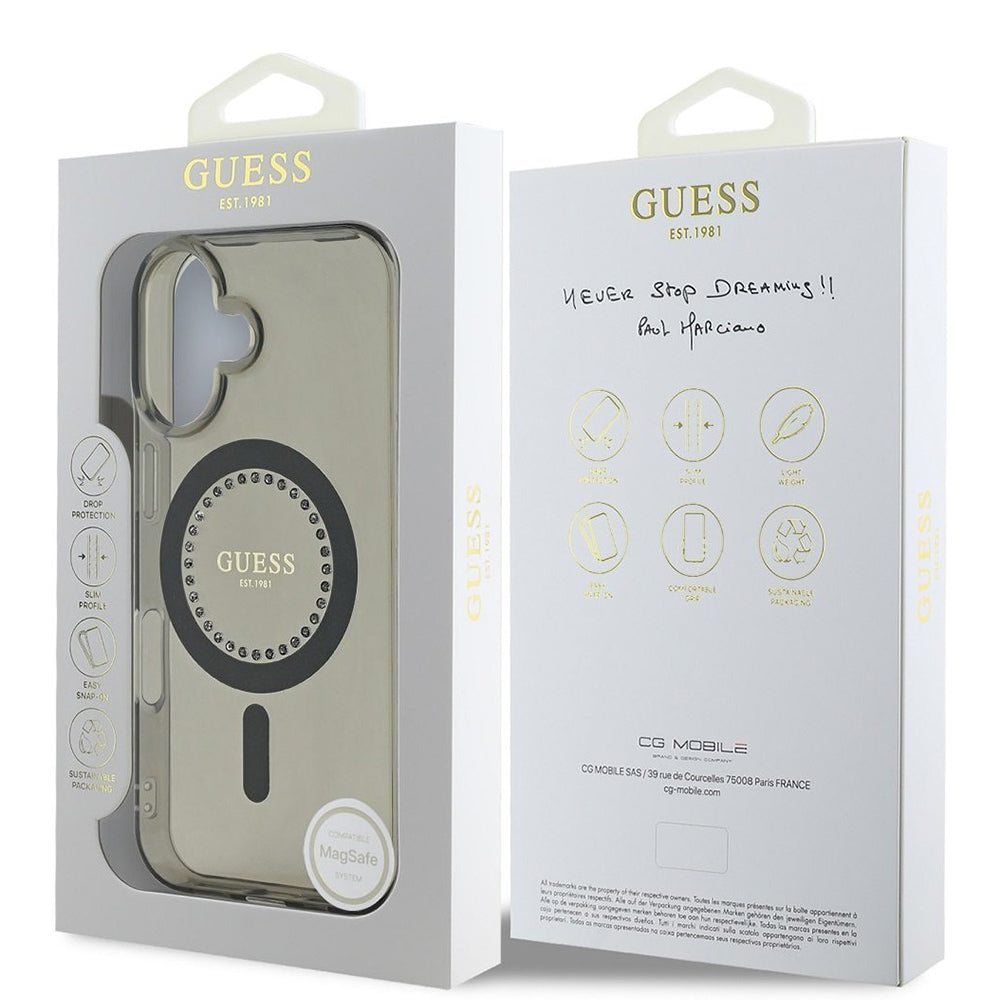 MagSafe Hülle für Apple iPhone 16 Plus, Guess, IML Rhinestone, Schwarz