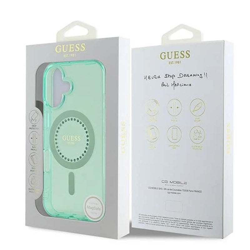 MagSafe Hülle für Apple iPhone 16 Plus, Guess, IML Rhinestone, Grün