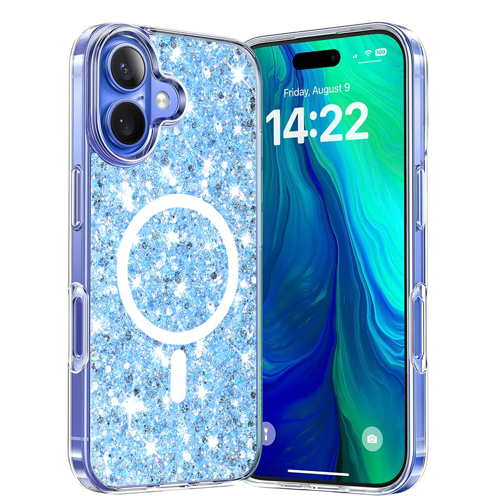 Custodia MagSafe per Apple iPhone 16 Plus, Techsuit, Sparkly Glitter, Blu