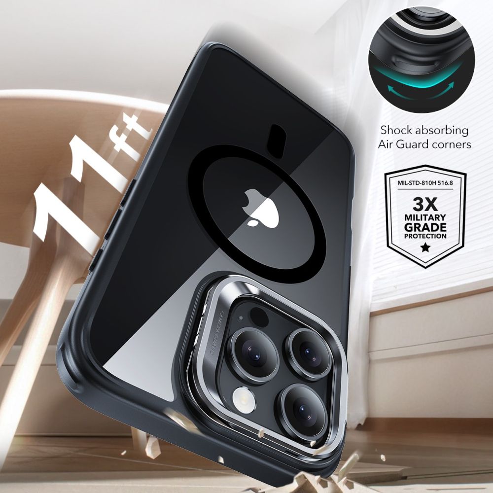 Coque MagSafe pour Apple iPhone 16 Pro, ESR, Classic Hybrid avec Support et Protecteur d'Écran, Noire Transparente