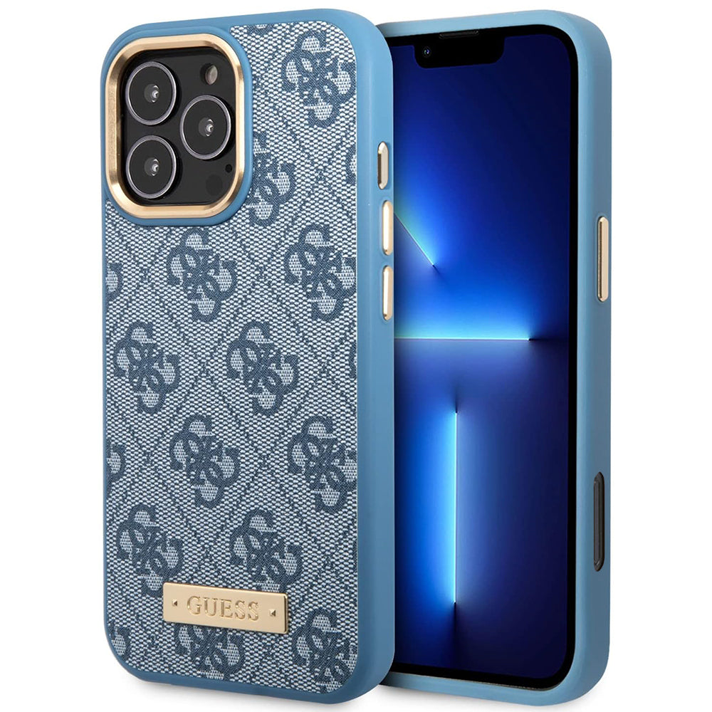 Coque MagSafe pour Apple iPhone 16 Pro, Guess, Plaque Logo 4G, Bleue
