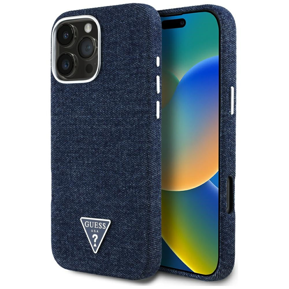 Custodia MagSafe per Apple iPhone 16 Pro, Guess, Denim Triangle Logo, Blu