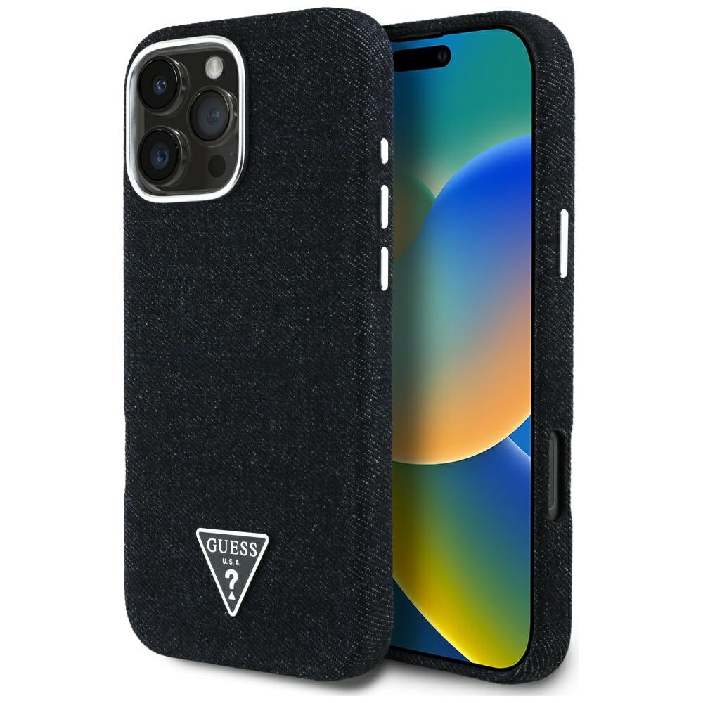 Coque MagSafe pour Apple iPhone 16 Pro, Guess, Logo Triangle en Denim, Noire