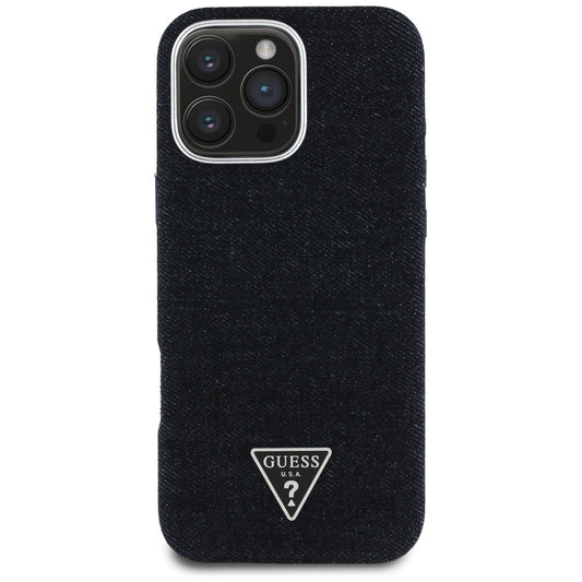 Coque MagSafe pour Apple iPhone 16 Pro, Guess, Logo Triangle en Denim, Noire