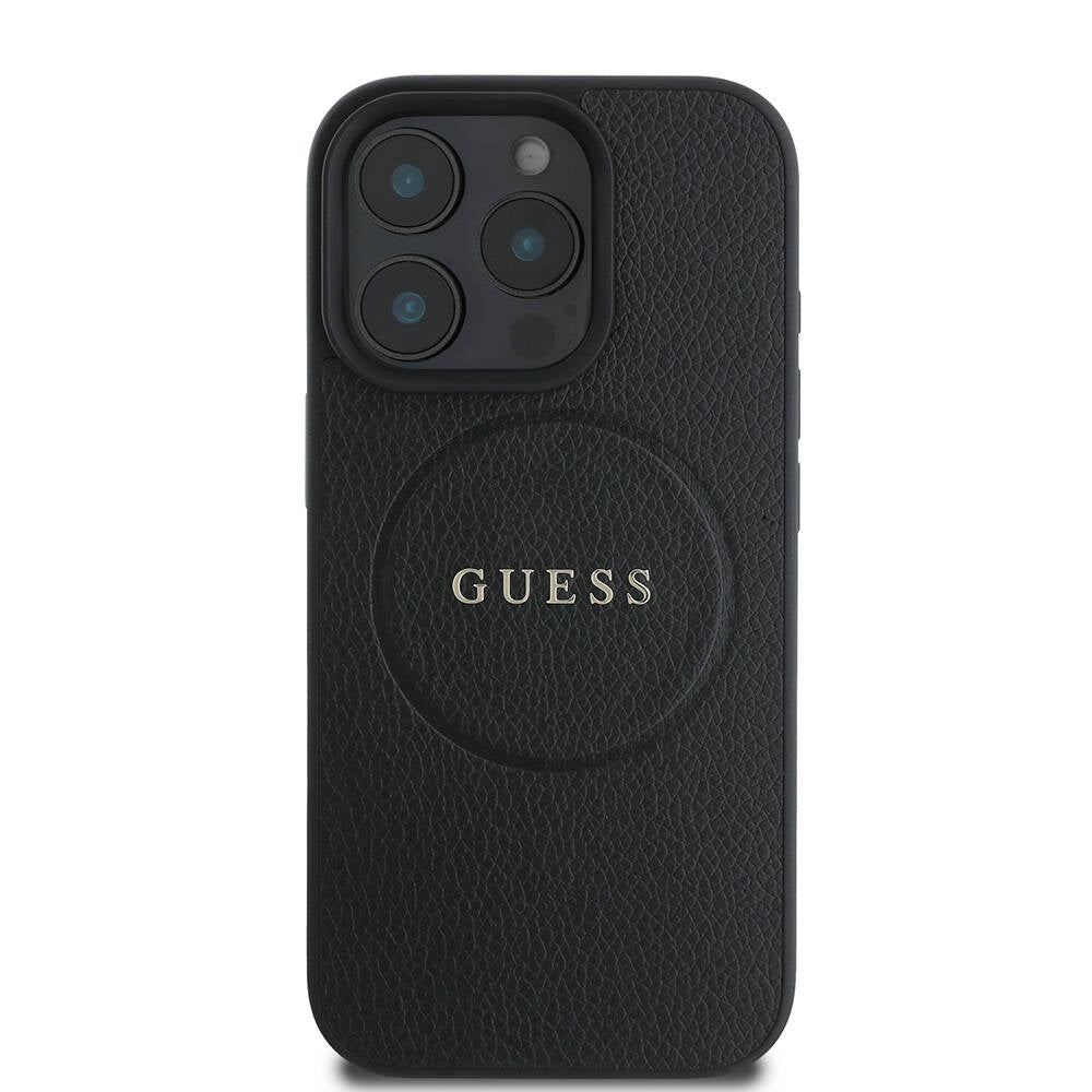 Custodia MagSafe per Apple iPhone 16 Pro, Guess, Grained Gold Ring, Nera