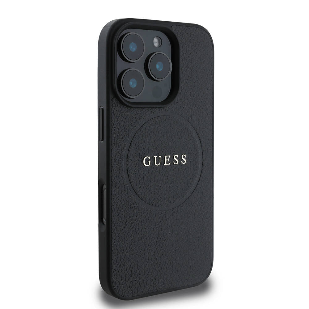 Custodia MagSafe per Apple iPhone 16 Pro, Guess, Grained Gold Ring, Nera