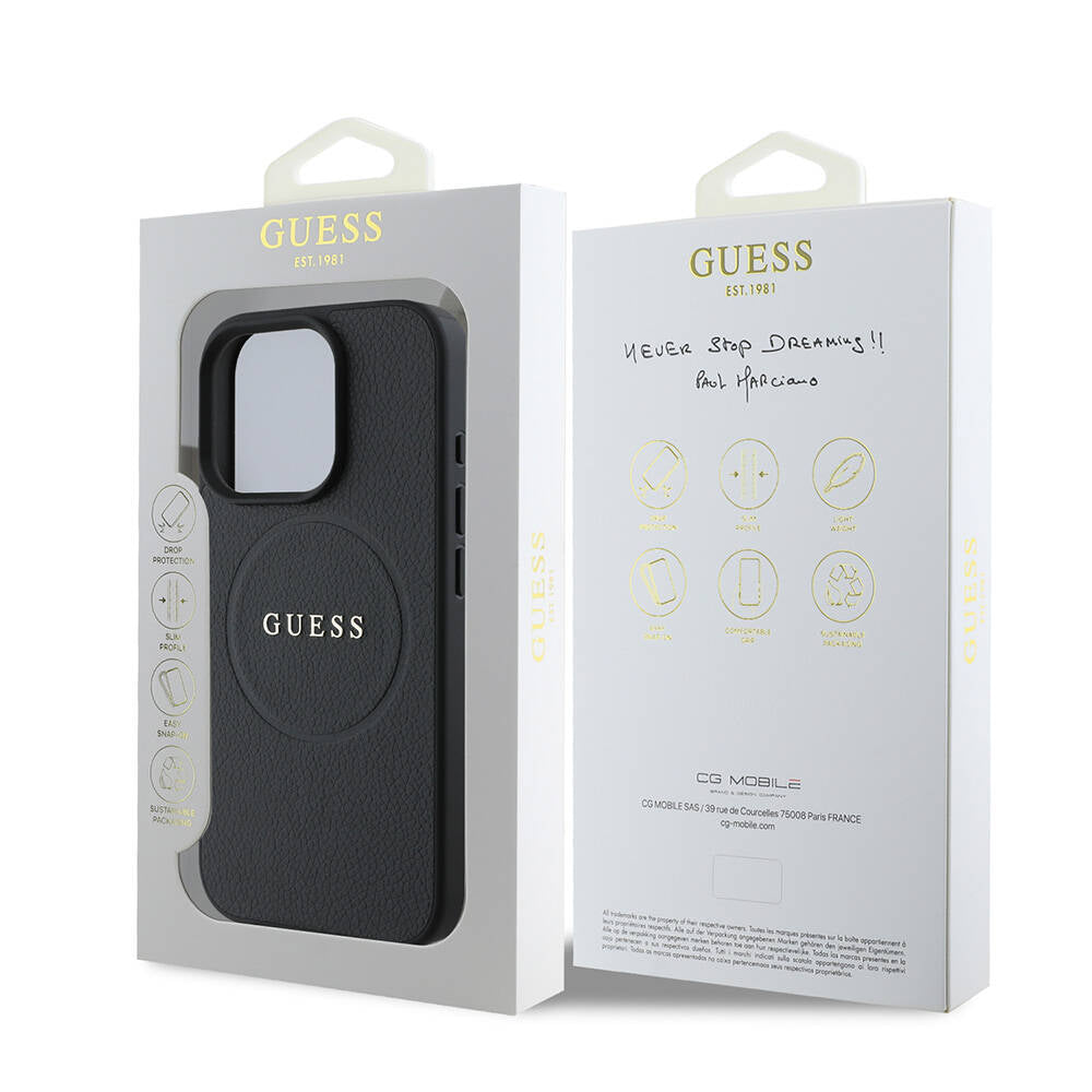 Custodia MagSafe per Apple iPhone 16 Pro, Guess, Grained Gold Ring, Nera