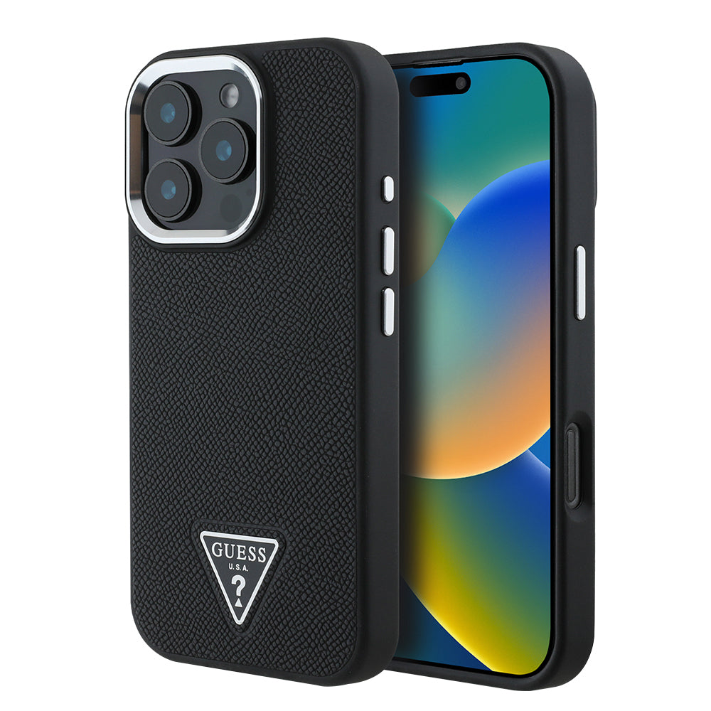 Custodia MagSafe per Apple iPhone 16 Pro, Guess, Logo Triangolo Granulato, Nera