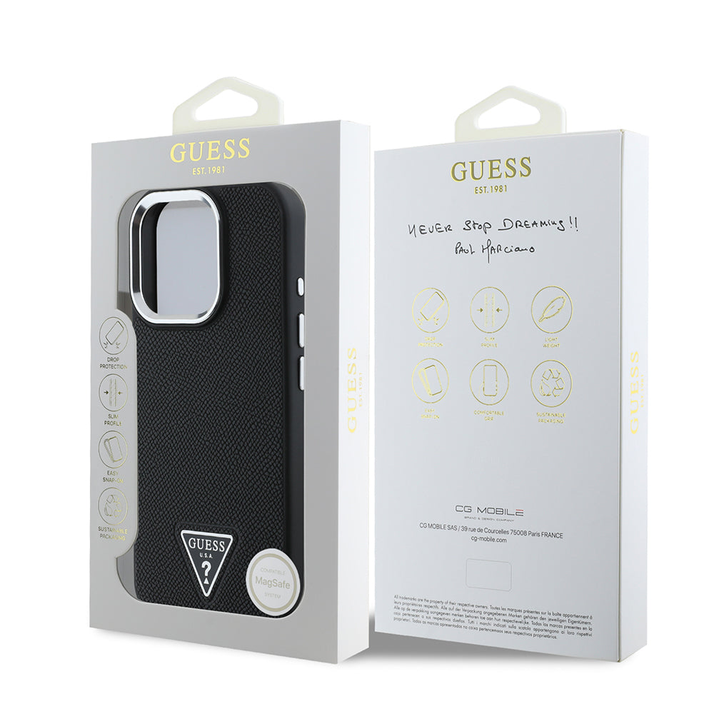Custodia MagSafe per Apple iPhone 16 Pro, Guess, Logo Triangolo Granulato, Nera