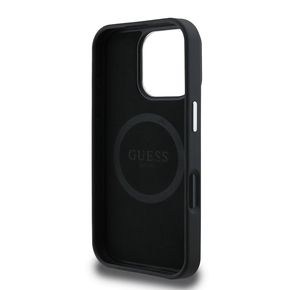Custodia MagSafe per Apple iPhone 16 Pro, Guess, Logo Triangolo Granulato, Nera