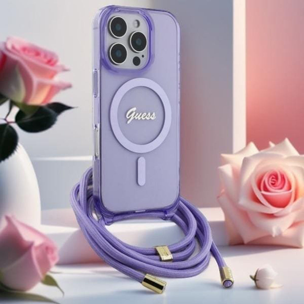 Custodia MagSafe per Apple iPhone 16 Pro, Guess, IML Crossbody Cord Script, Viola