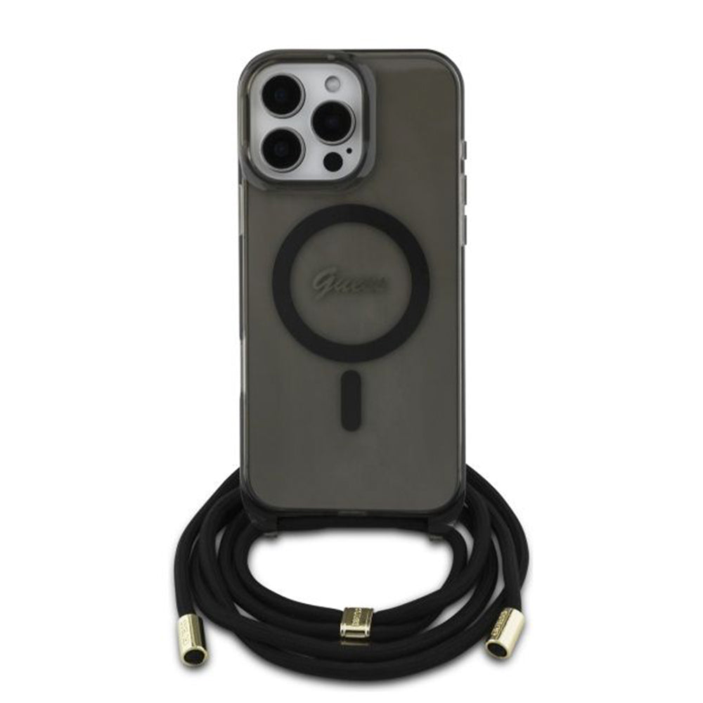 Custodia MagSafe per Apple iPhone 16 Pro, Guess, IML Crossbody Cord Script, Nera