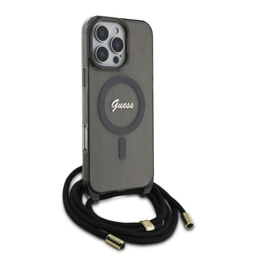 Custodia MagSafe per Apple iPhone 16 Pro, Guess, IML Crossbody Cord Script, Nera