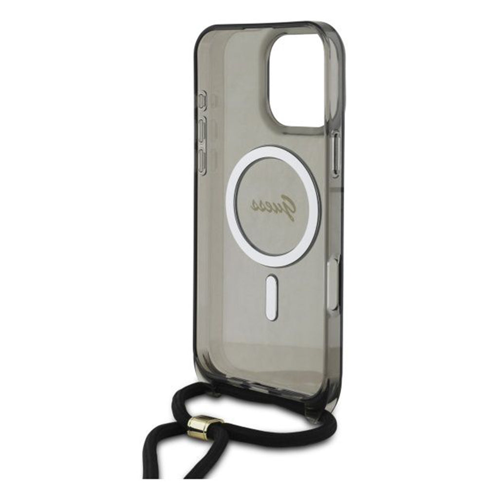 Custodia MagSafe per Apple iPhone 16 Pro, Guess, IML Crossbody Cord Script, Nera