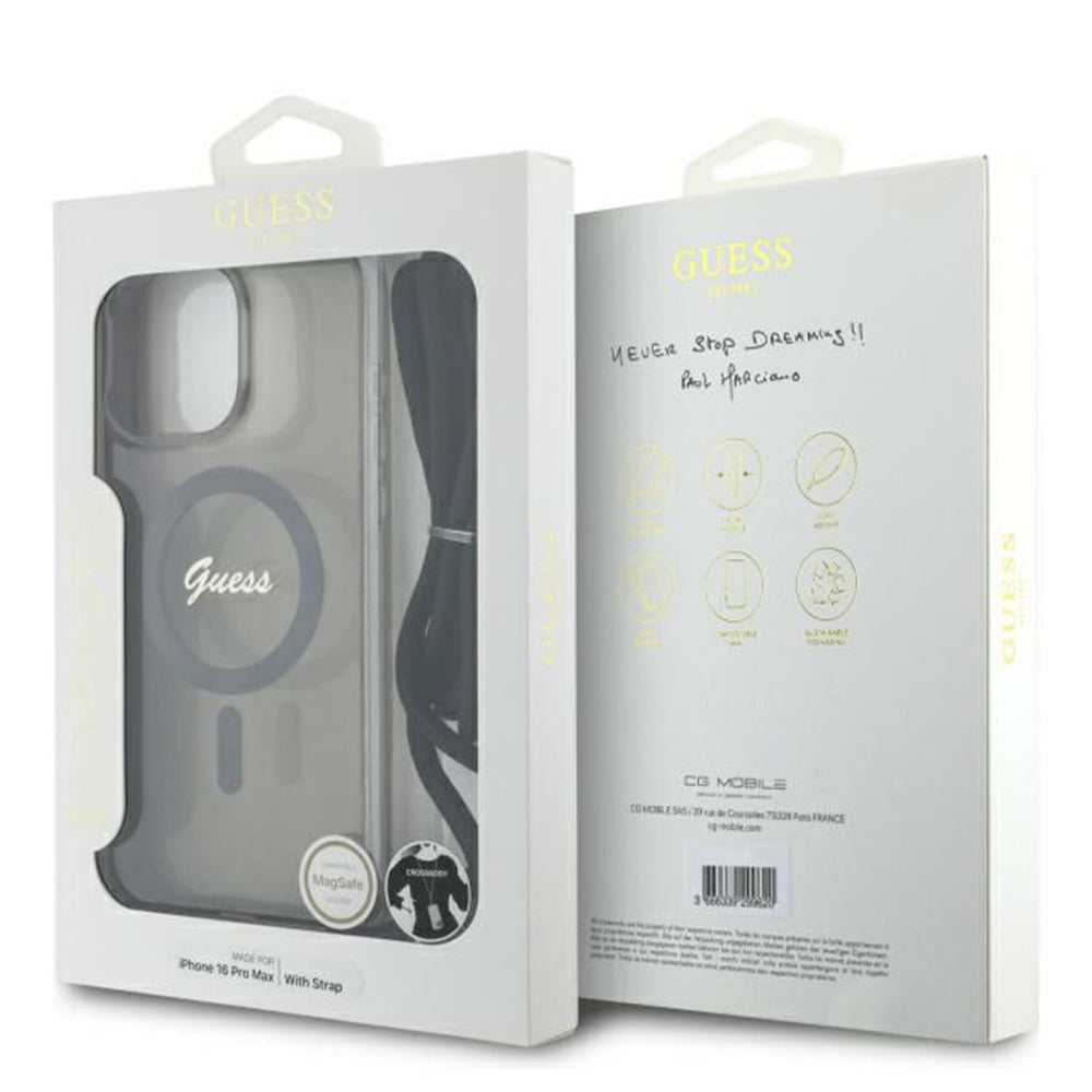 Custodia MagSafe per Apple iPhone 16 Pro, Guess, IML Crossbody Cord Script, Nera