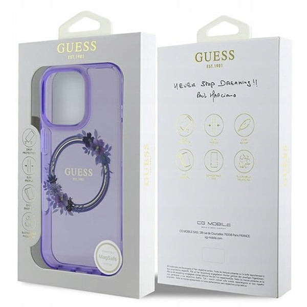 Custodia MagSafe per Apple iPhone 16 Pro, Guess, IML Flowers Wreath, Viola