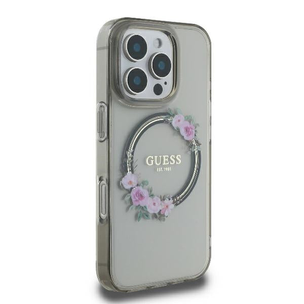 Custodia MagSafe per Apple iPhone 16 Pro, Guess, IML Flowers Wreath, Nera
