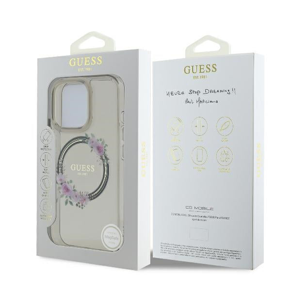 Custodia MagSafe per Apple iPhone 16 Pro, Guess, IML Flowers Wreath, Nera