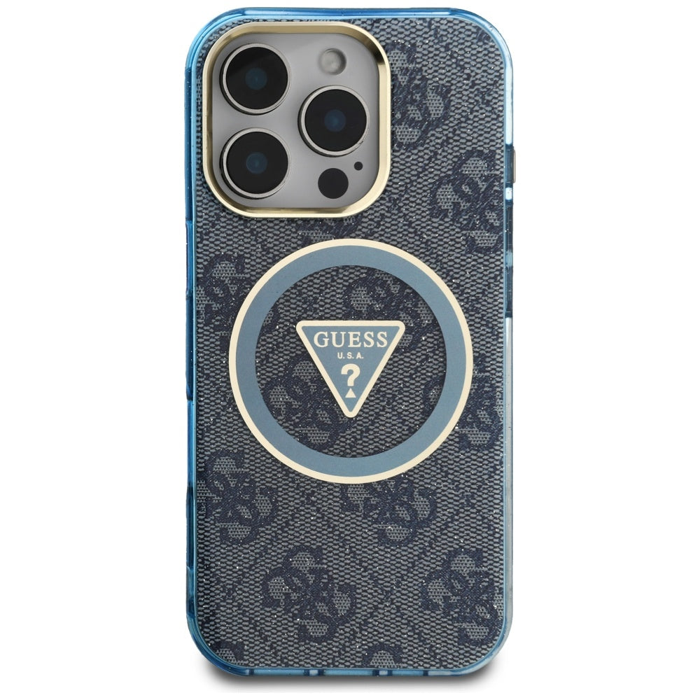 Custodia MagSafe per Apple iPhone 16 Pro, Guess, IML Glitter 4G Circle Triangle, Blu