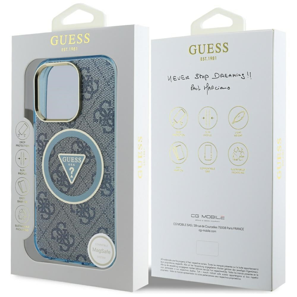 Custodia MagSafe per Apple iPhone 16 Pro, Guess, IML Glitter 4G Circle Triangle, Blu