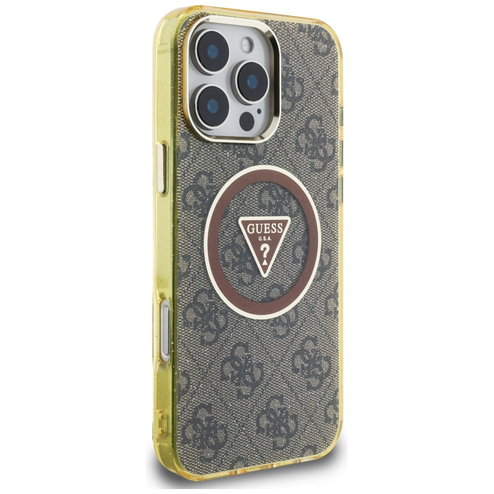 MagSafe Hülle für Apple iPhone 16 Pro, Guess, IML Glitter 4G Circle Triangle, Braun