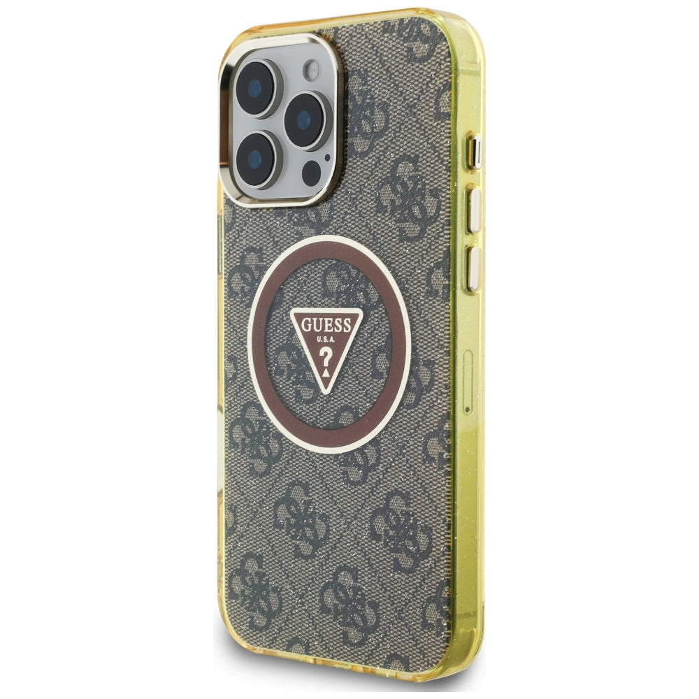 MagSafe Hülle für Apple iPhone 16 Pro, Guess, IML Glitter 4G Circle Triangle, Braun