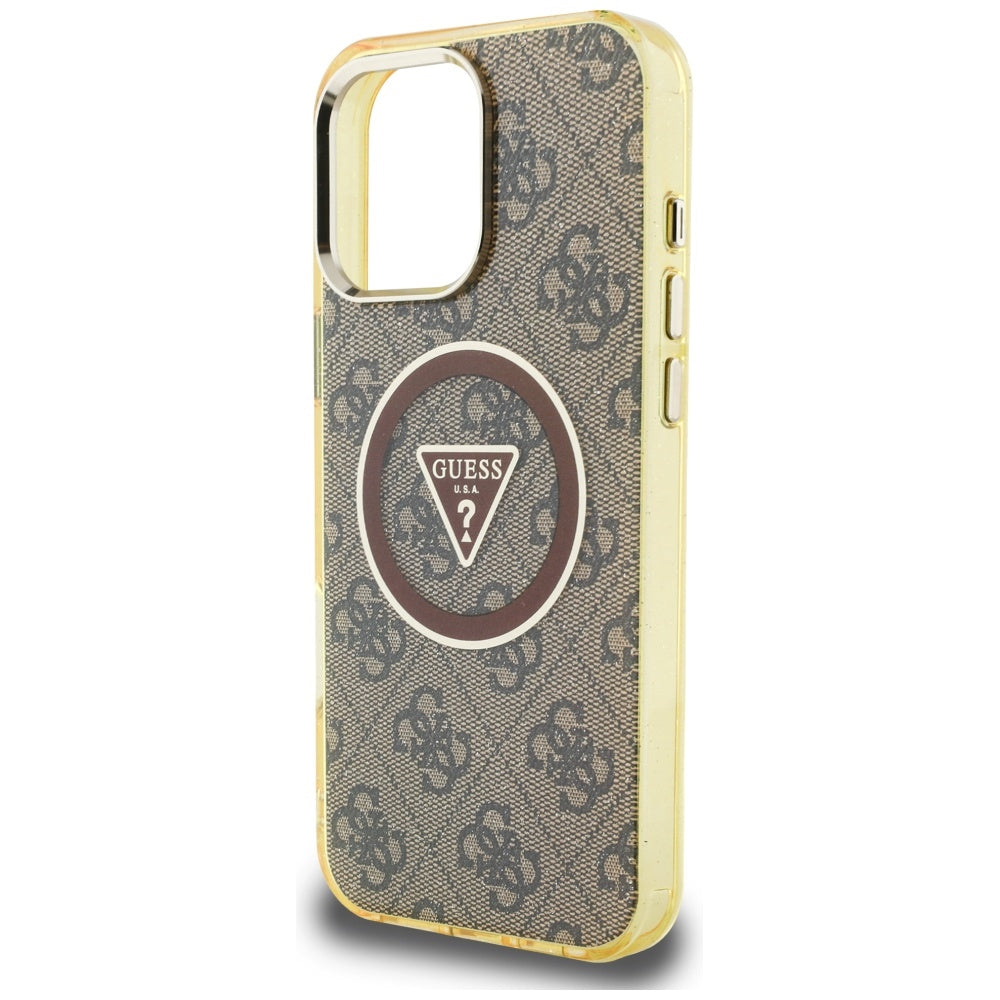 MagSafe Hülle für Apple iPhone 16 Pro, Guess, IML Glitter 4G Circle Triangle, Braun