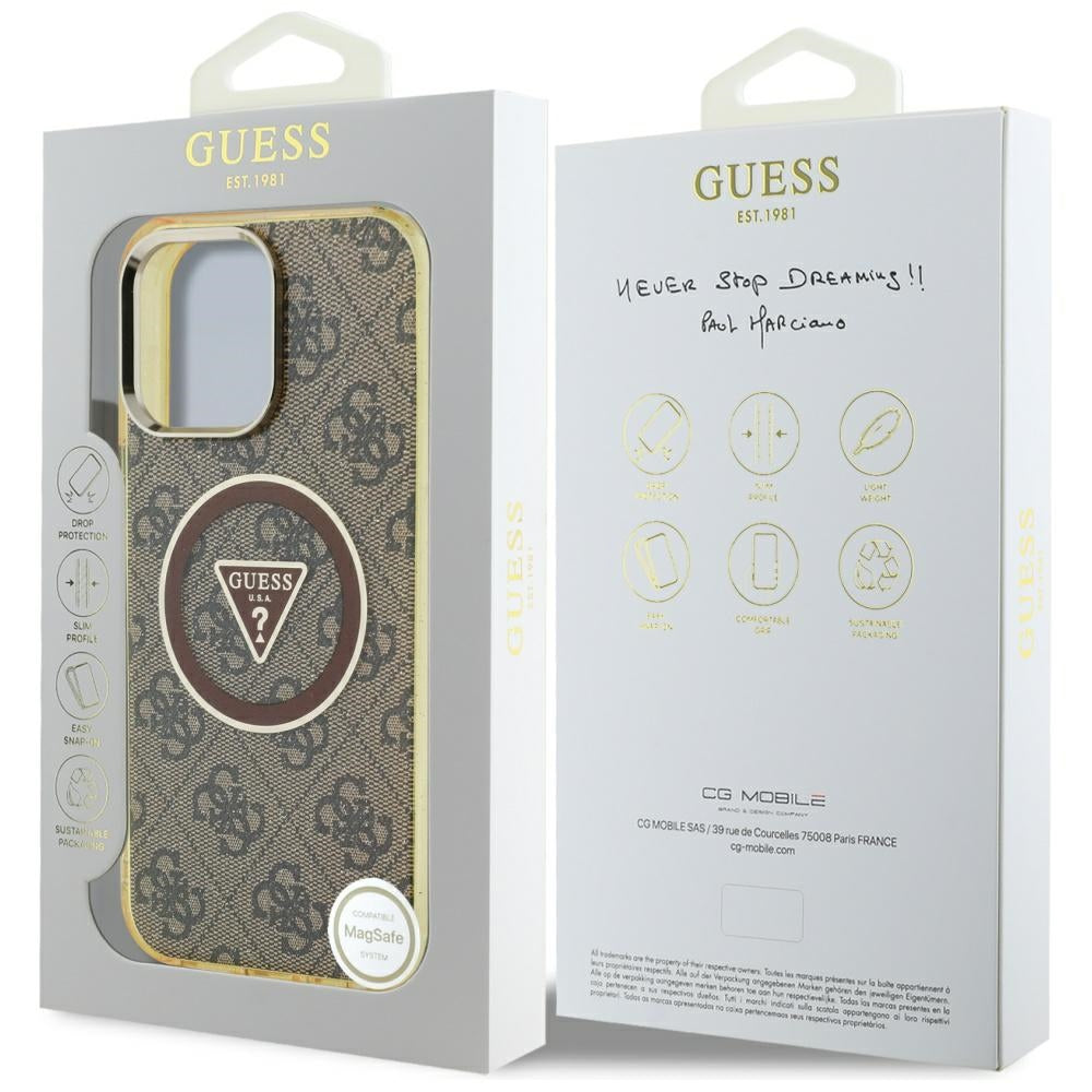 MagSafe Hülle für Apple iPhone 16 Pro, Guess, IML Glitter 4G Circle Triangle, Braun