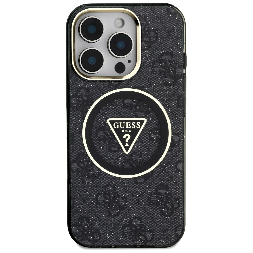 Étui MagSafe pour Apple iPhone 16 Pro, Guess, IML Glitter 4G Circle Triangle, Noir