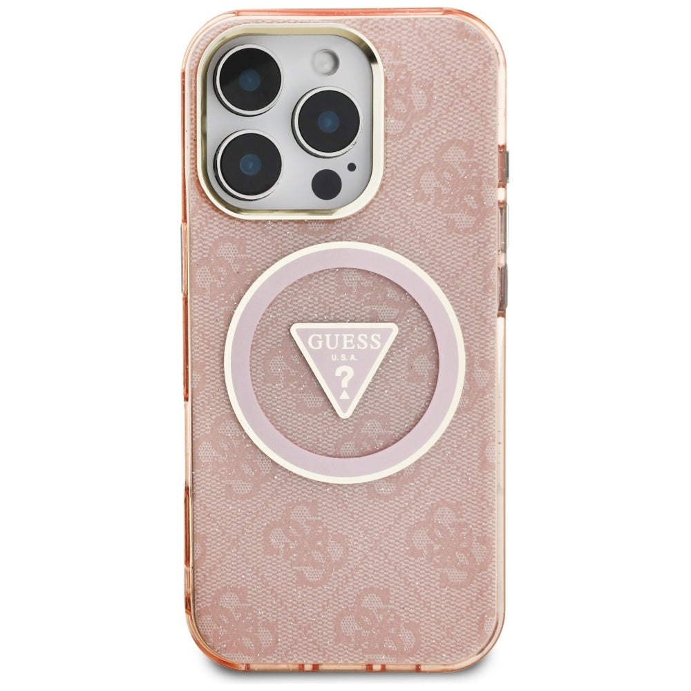 Custodia MagSafe per Apple iPhone 16 Pro, Guess, IML Glitter 4G Circle Triangle, Rosa