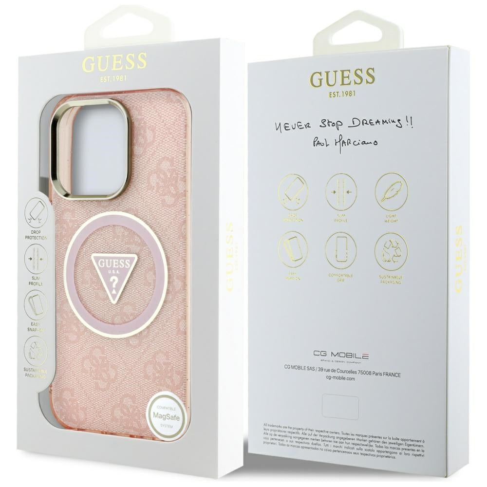 Custodia MagSafe per Apple iPhone 16 Pro, Guess, IML Glitter 4G Circle Triangle, Rosa