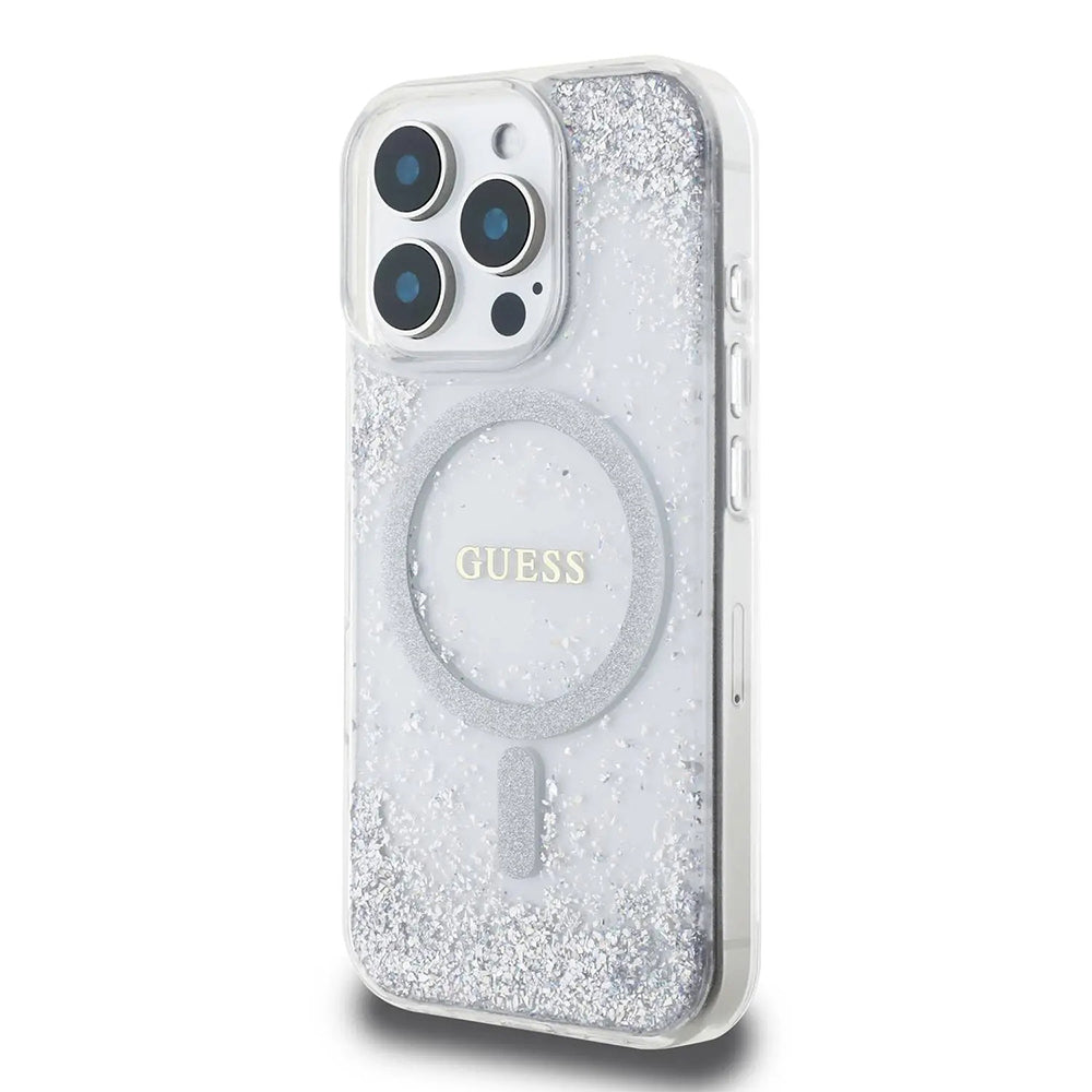 Coque MagSafe pour Apple iPhone 16 Pro, Guess, IML Glitter Gradient, Argentée