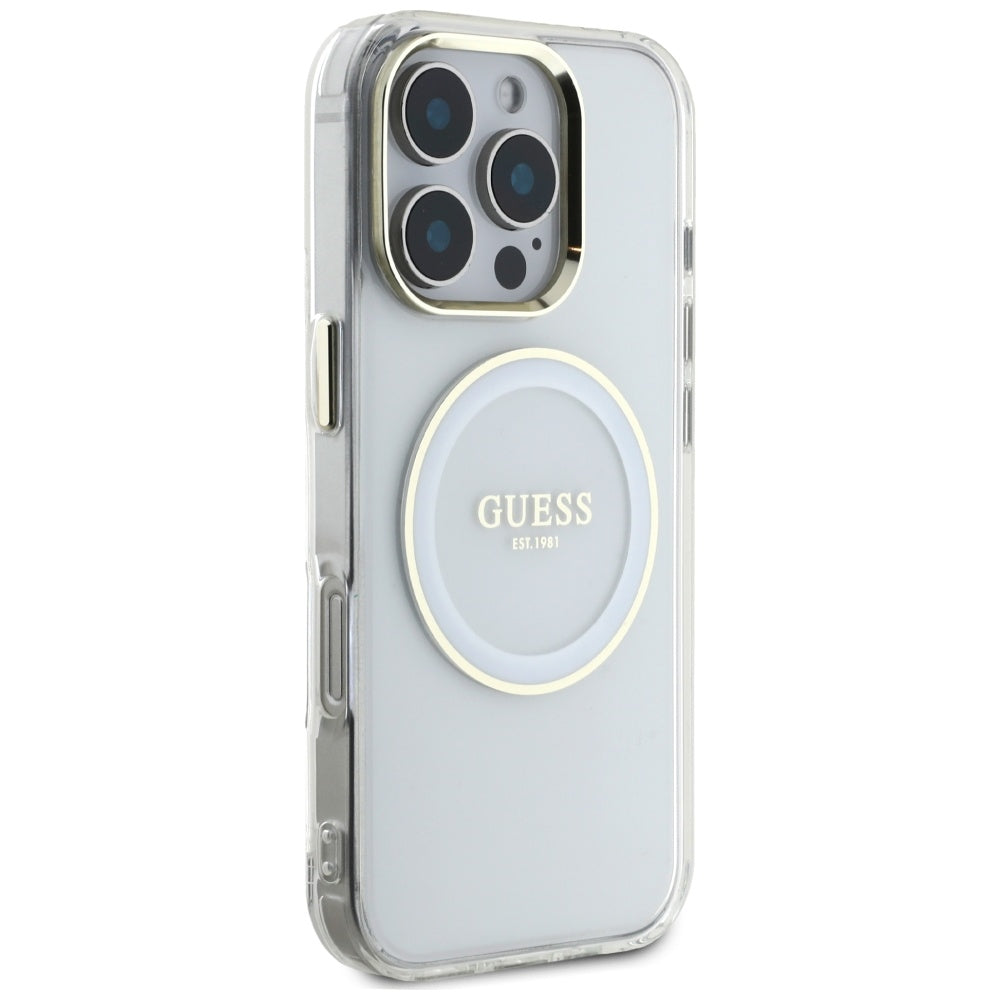 MagSafe Hülle für Apple iPhone 16 Pro, Guess, IML Metal Colored Circle, Weiß
