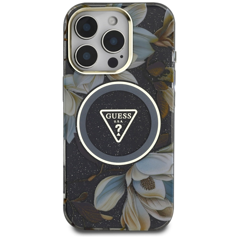 Custodia MagSafe per Apple iPhone 16 Pro, Guess, IML Metal Glitter Flowers Triangle, Nera