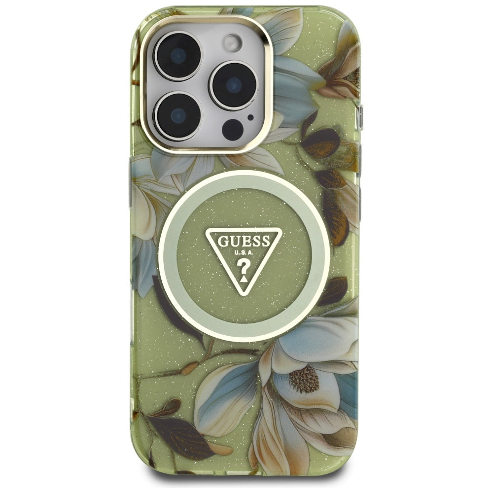 Coque MagSafe pour Apple iPhone 16 Pro, Guess, IML Metal Glitter Flowers Triangle, Vert