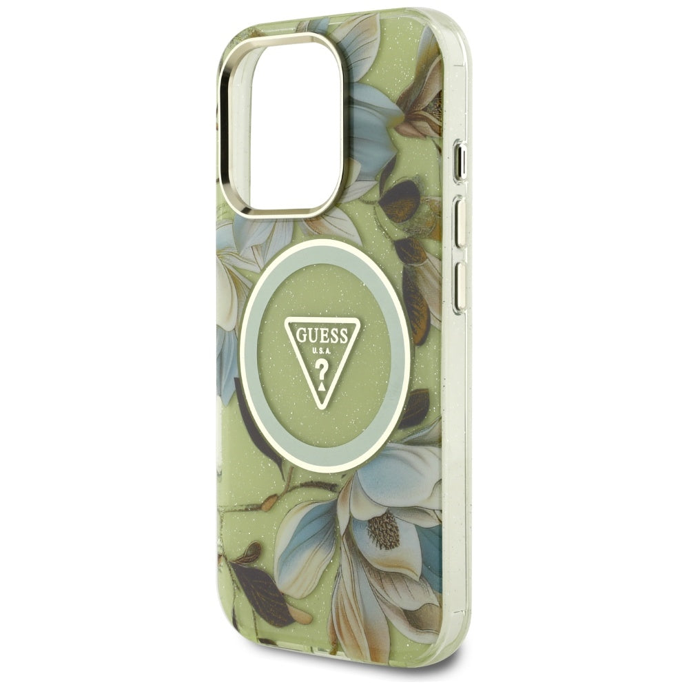 Coque MagSafe pour Apple iPhone 16 Pro, Guess, IML Metal Glitter Flowers Triangle, Vert